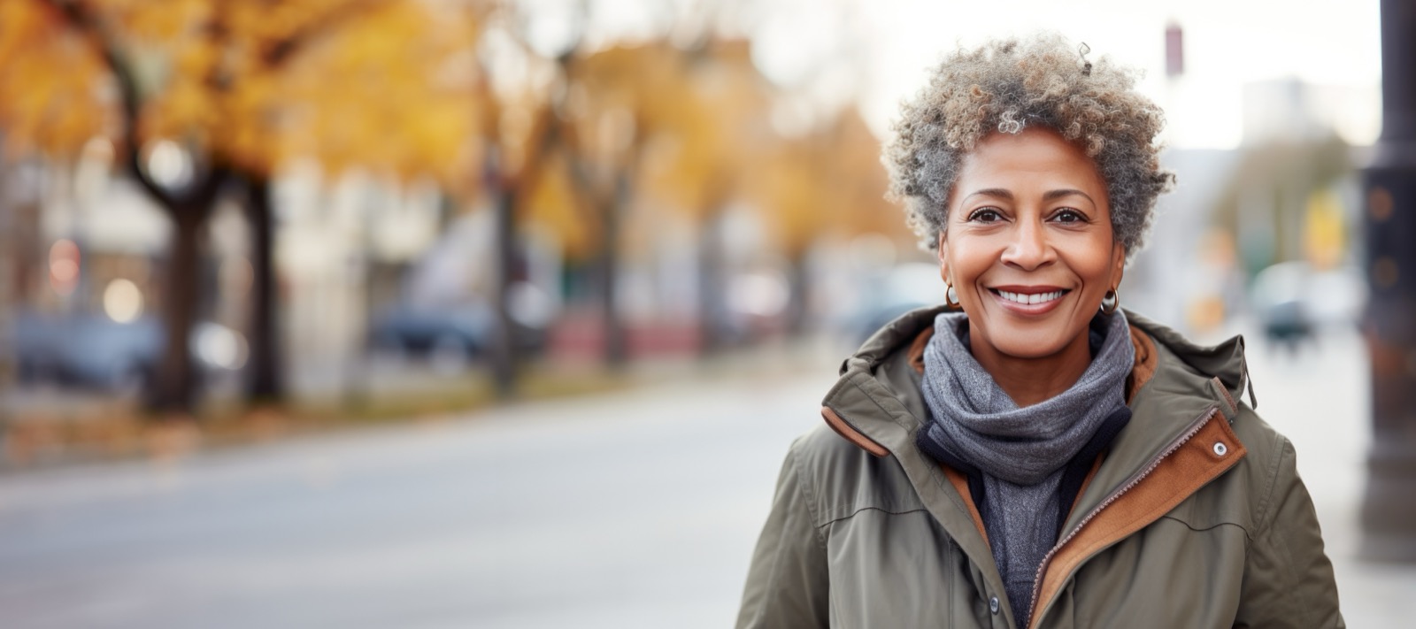 Portrait of a Mature African American Woman in front of an Autumn City Background in the Fall